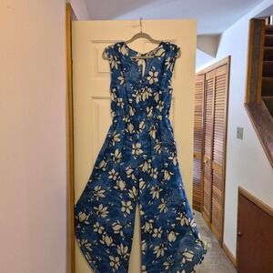 Boho Palazzo Leg Women's L Jumpsuit V-Neck Floral Print Lightweight